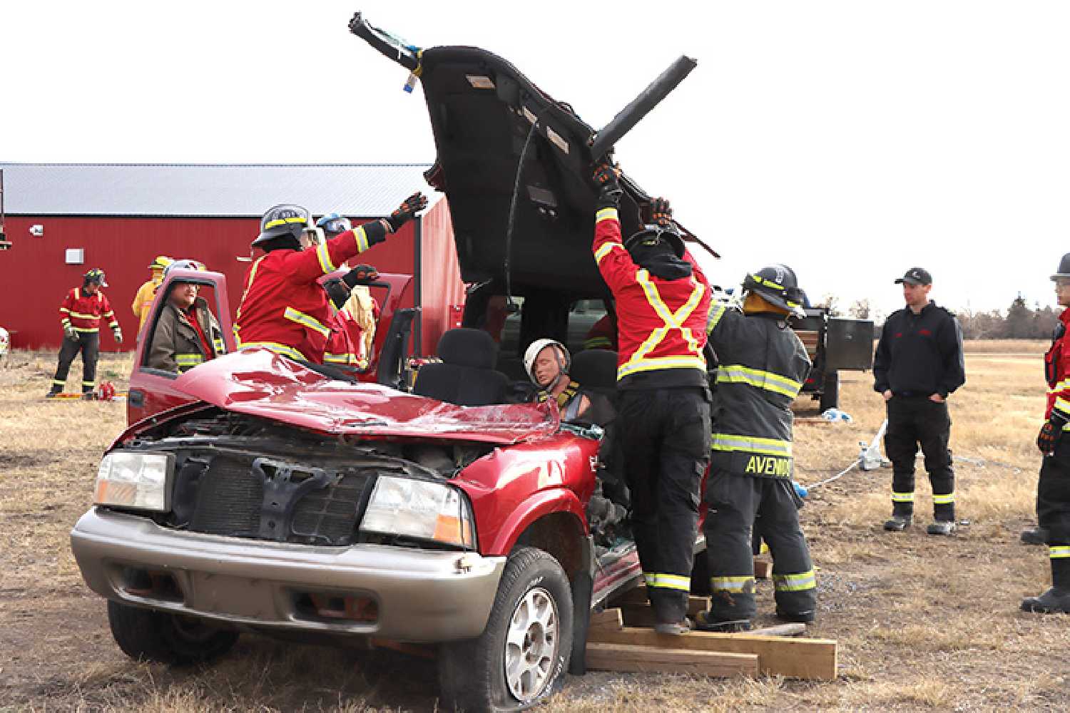 Redvers Fire Department hosted a heavy rescue course from October 28-30 where fire fighters and rescue crews from around the region learned how to rescue people from accidents involving big vehicles with a lot of weight, like semis and school buses. Here the roof is peeled off a vehicle so that a driver can be rescued.